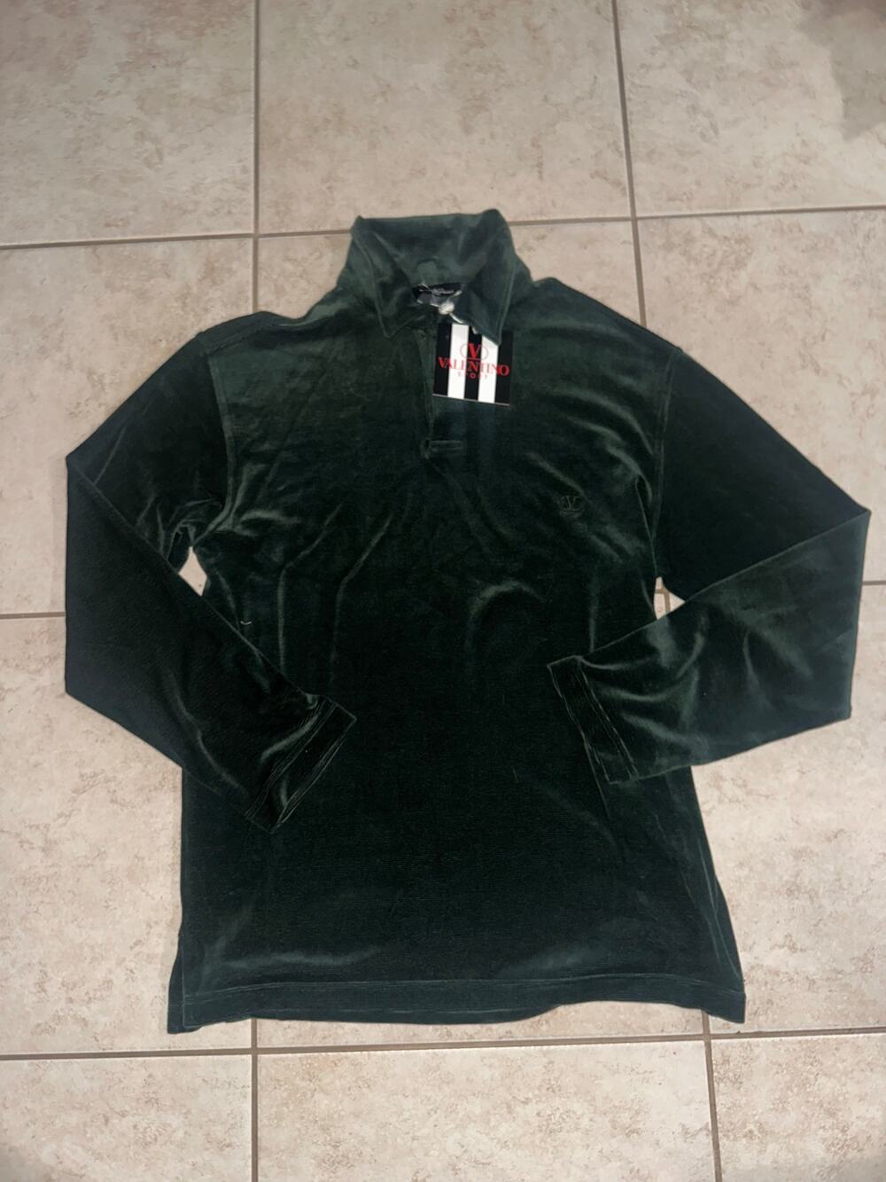 Valentino Sport Vintage Dark Green Velour Long Sleeve Polo Shirt Size L 50 NWT